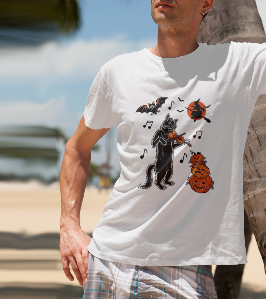 Black Cat Playing Violin With Witch, Devilish Bat, And Stacked Pumpkins Halloween T-Shirt