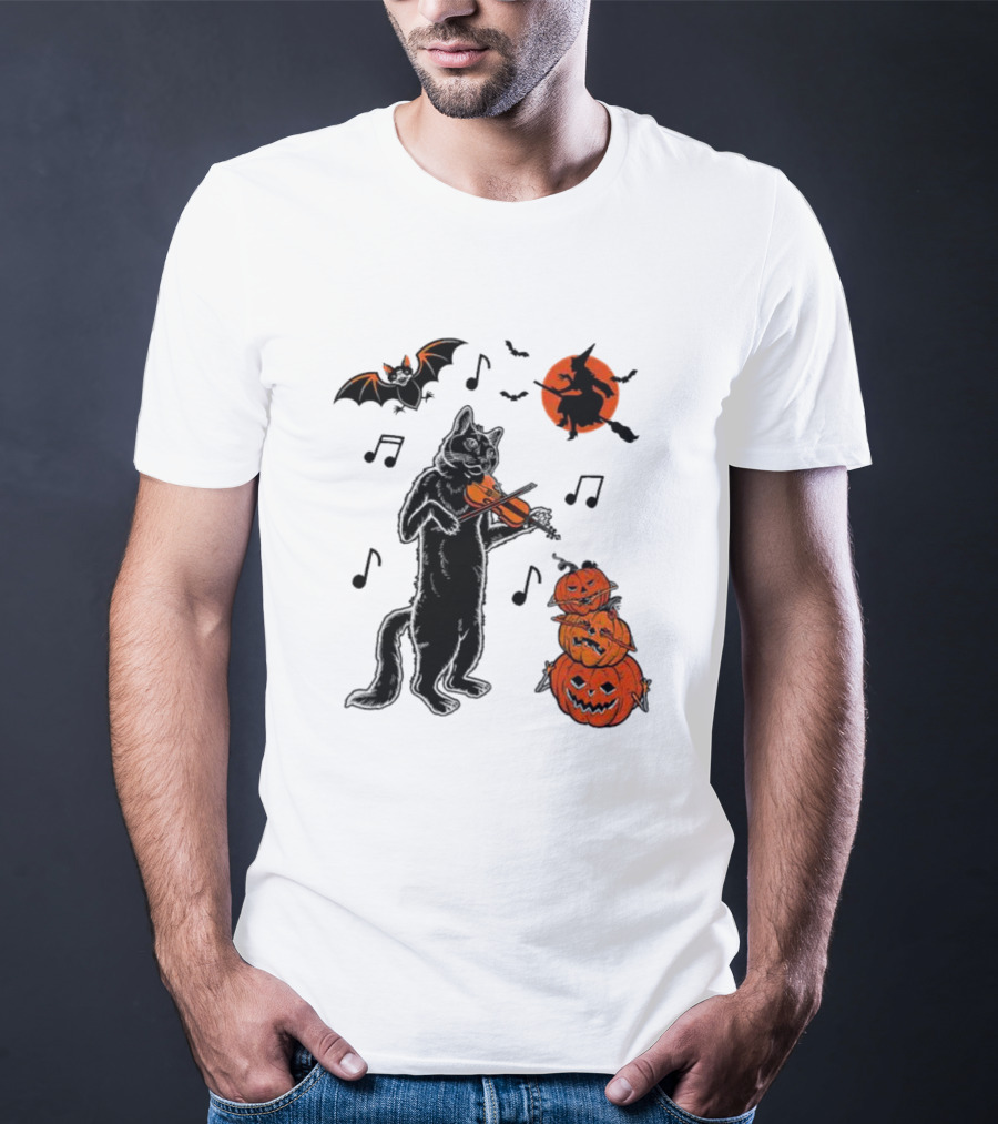 Black Cat Playing Violin With Witch, Devilish Bat, And Stacked Pumpkins Halloween T-Shirt
