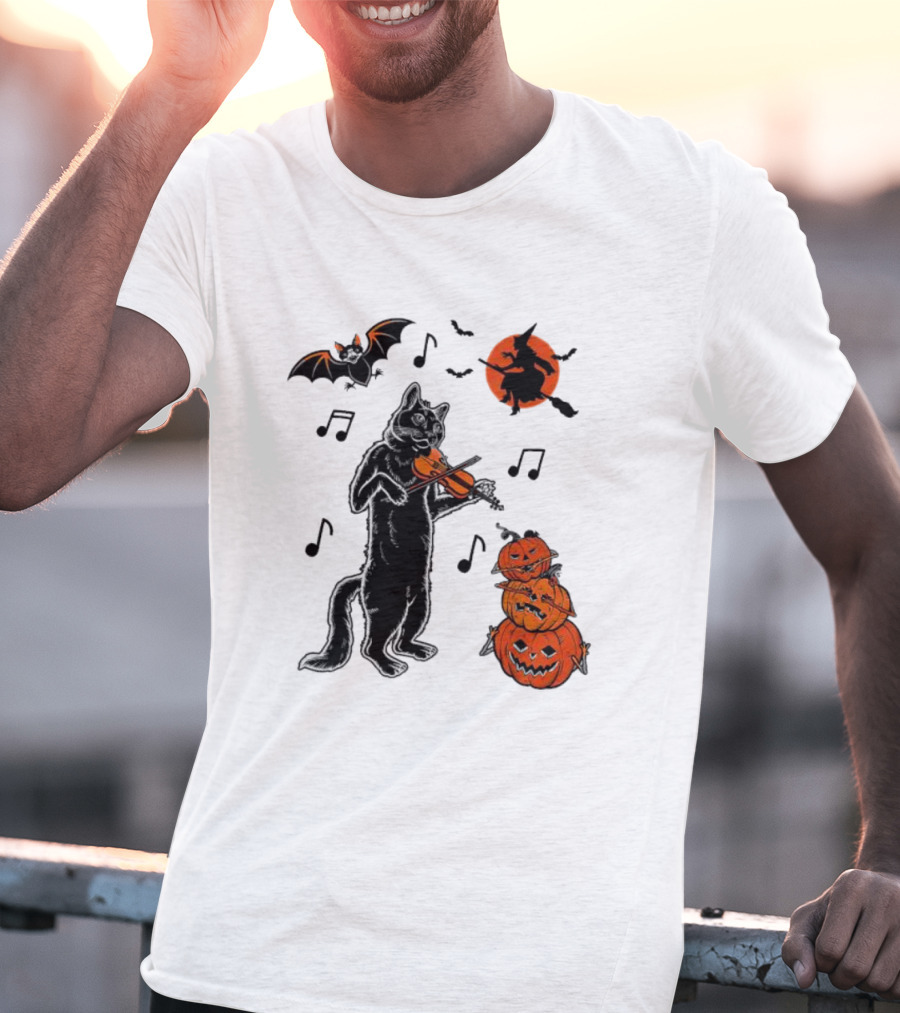 Black Cat Playing Violin With Witch, Devilish Bat, And Stacked Pumpkins Halloween T-Shirt