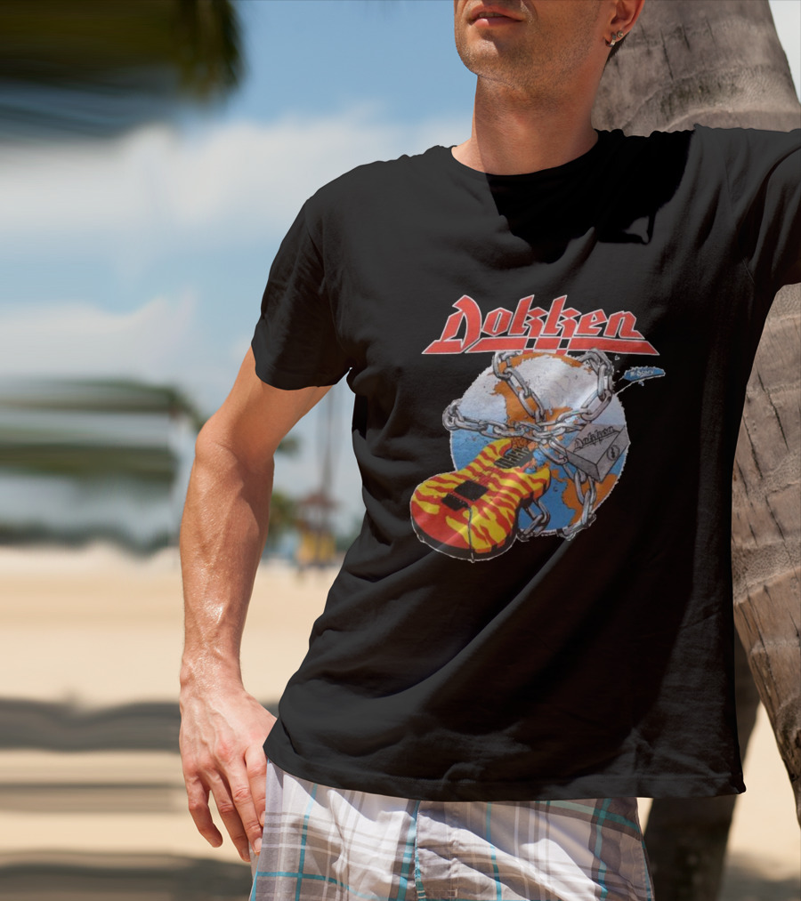 1980s Dokken Rokken With Dokken Flaming Guitar Chained To Globe T-Shirt