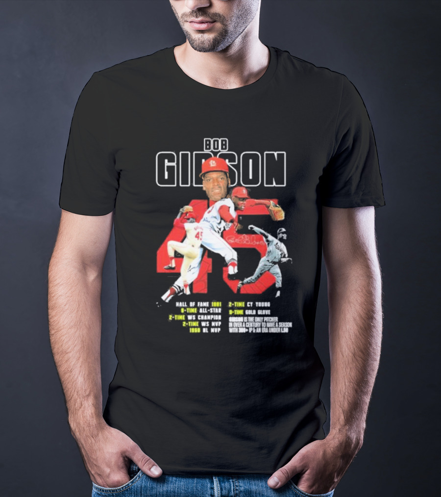 Bob Gibson St Louis Cardinals Hall Of Fame MLB Legend Pitcher Career Highlights 45 T-Shirt