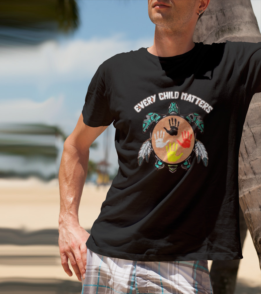 Every Child Matters Turtle With Handprints And Feathers T-Shirt
