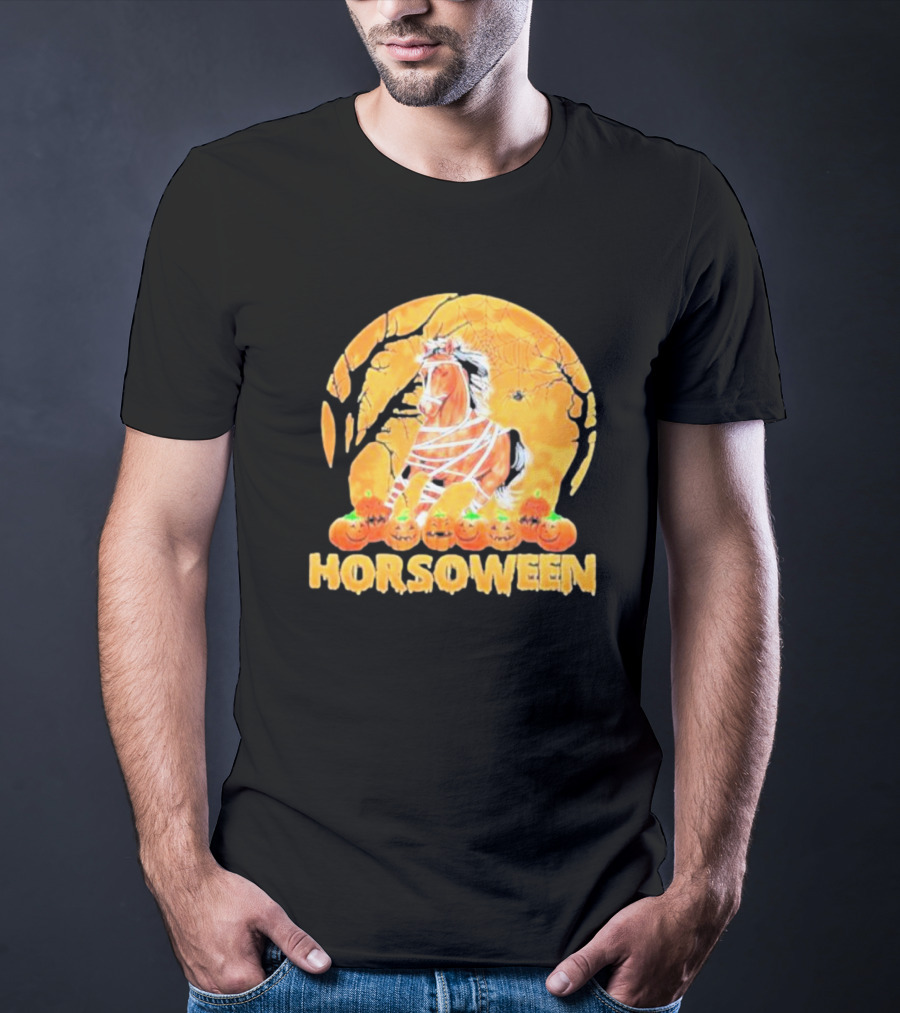 Horsoween Bandaged Horse Spider Web Haunted Pumpkins Red Moon Halloween T-Shirt
