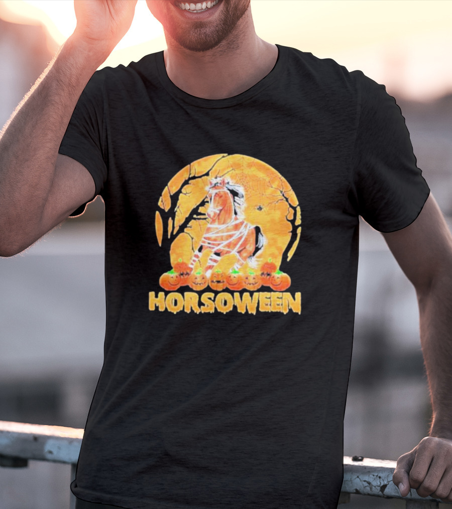 Horsoween Bandaged Horse Spider Web Haunted Pumpkins Red Moon Halloween T-Shirt