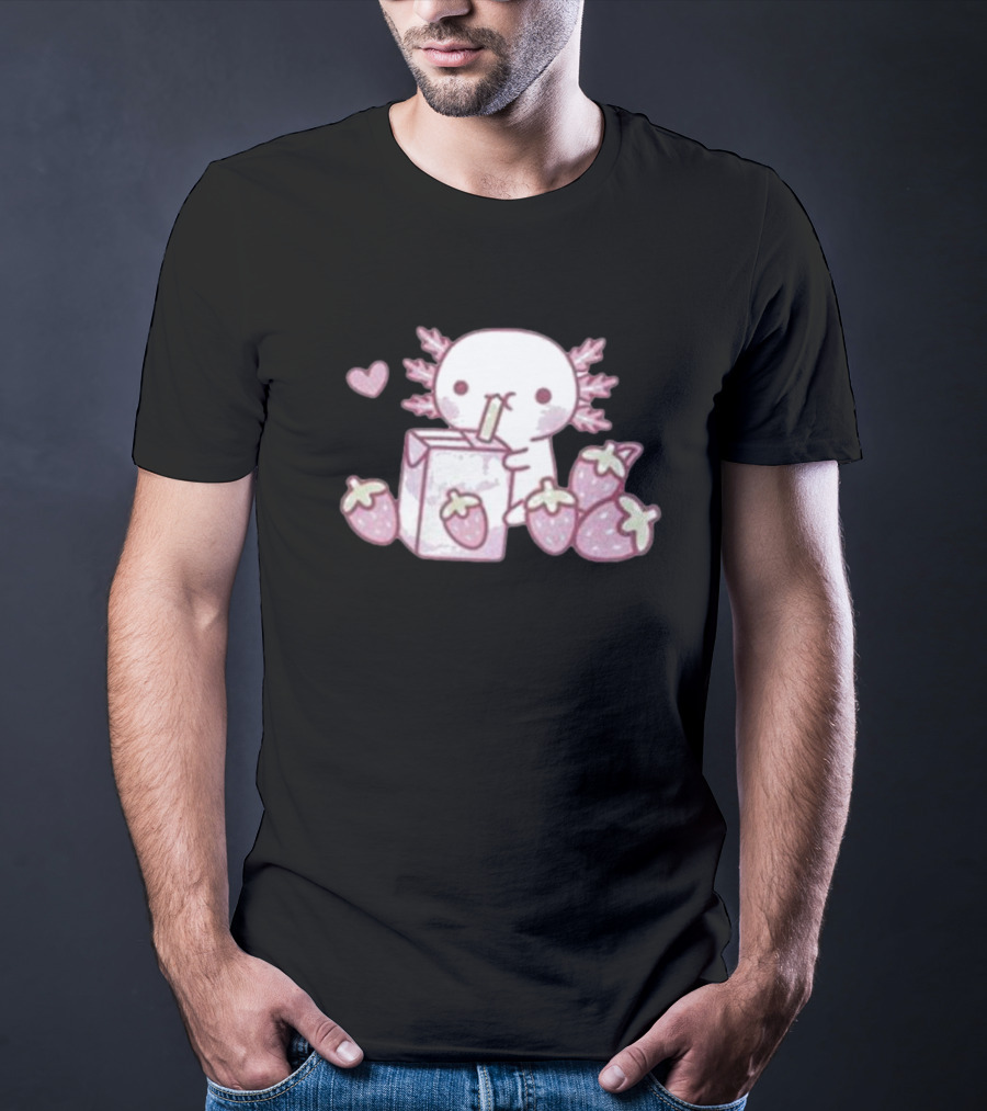 Strawberry Milk Axolotl With Strawberries And Heart T-Shirt