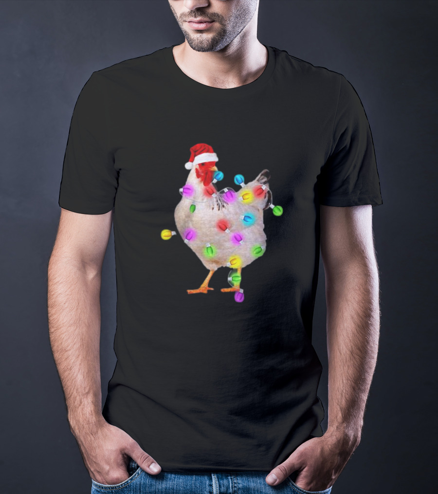 Chicken In Santa Hat With Colorful Christmas Lights T-Shirt