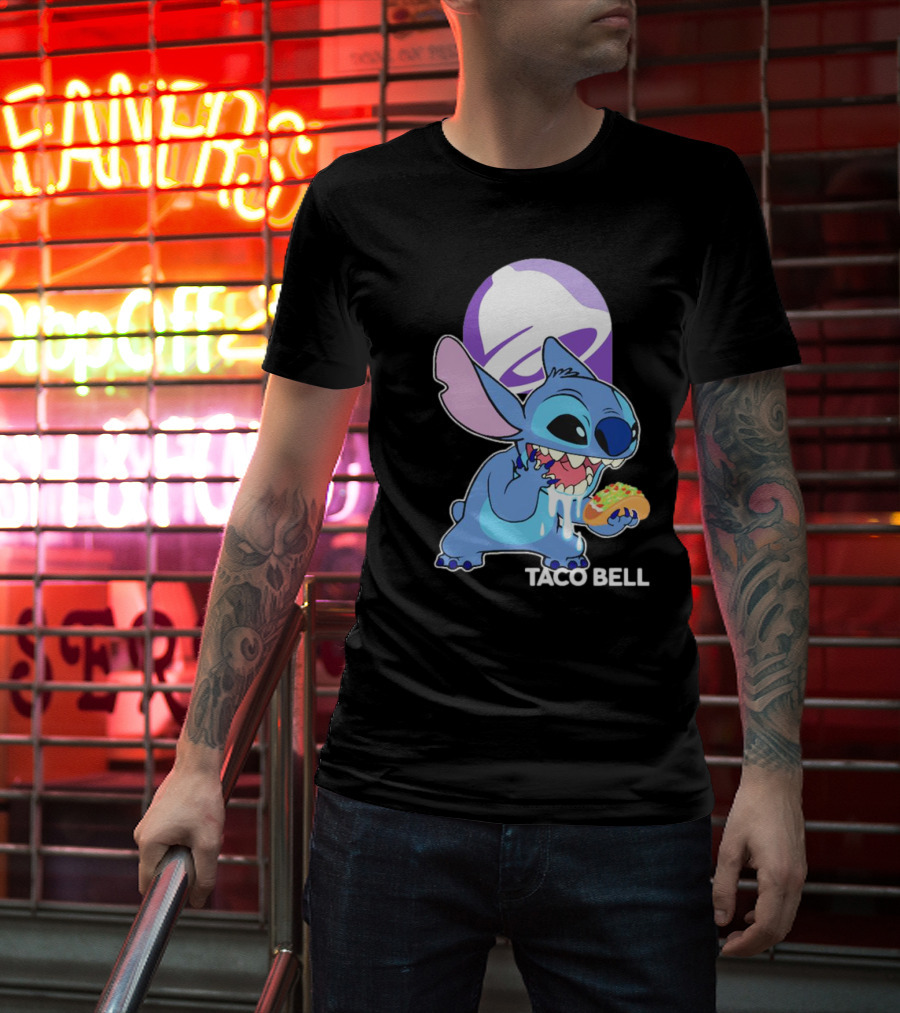 Stitch Eating Taco Bell Tacos With Logo Background T-Shirt
