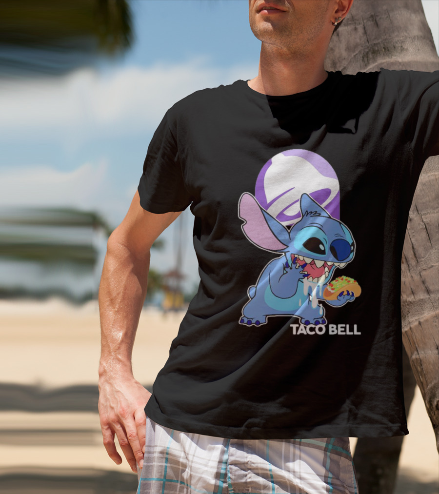 Stitch Eating Taco Bell Tacos With Logo Background T-Shirt