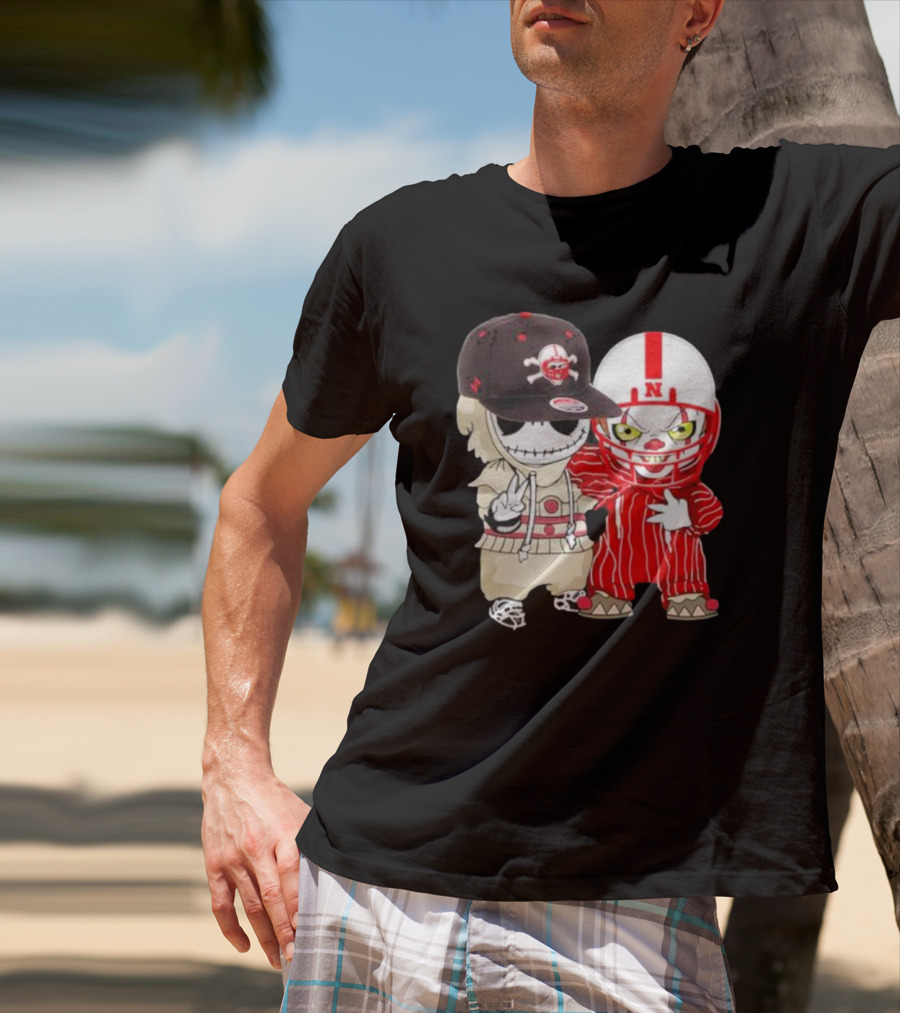 Baby Jack Skellington And Pennywise Nebraska Cornhuskers Halloween Characters T-Shirt