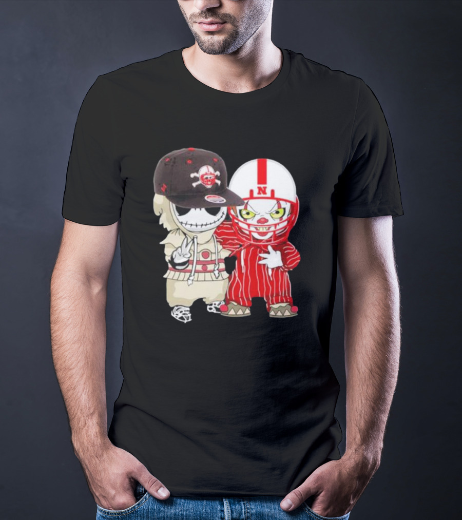 Baby Jack Skellington And Pennywise Nebraska Cornhuskers Halloween Characters T-Shirt