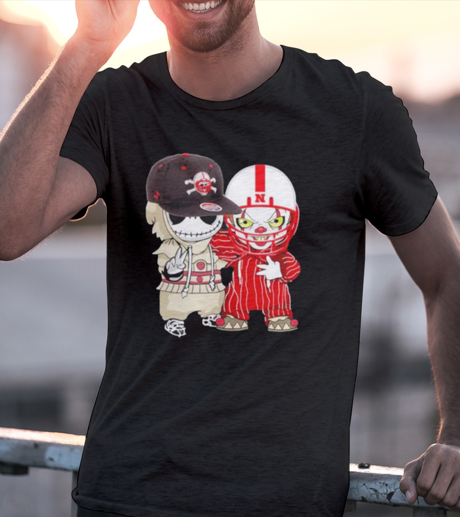Baby Jack Skellington And Pennywise Nebraska Cornhuskers Halloween Characters T-Shirt