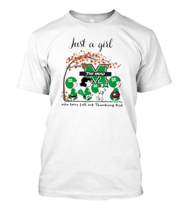Just A Girl Who Loves Fall And Marshall Thundering Herd Peanuts Charlie Brown Lucy Autumn Leaves T-Shirt
