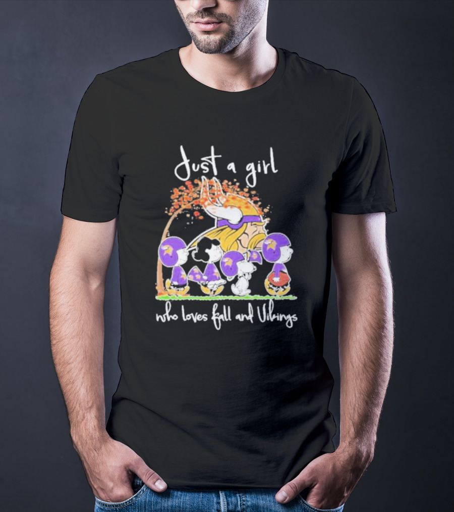 Just A Girl Who Loves Fall And Vikings Peanuts Characters Autumn Leaves T-Shirt