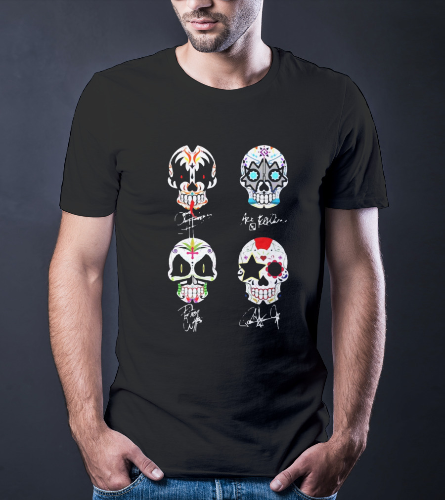 Kiss Band 4 Skull Faces Simmons Stanley Frehley Criss Signature T-Shirt