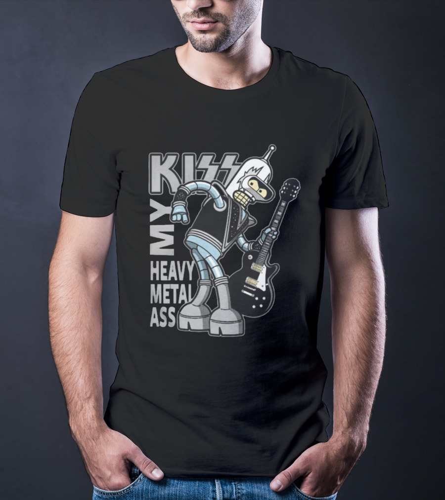 Kiss My Heavy Metal Ass Bender Robot With Guitar T-Shirt