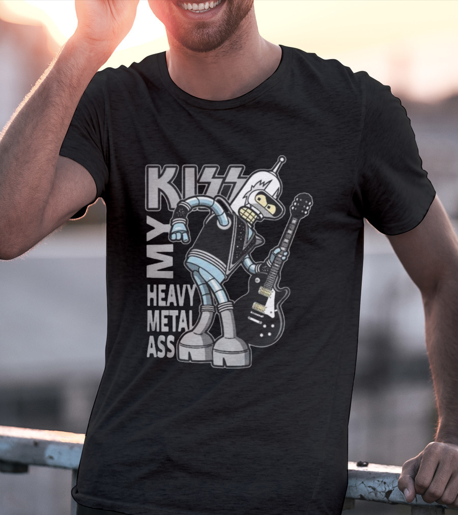 Kiss My Heavy Metal Ass Bender Robot With Guitar T-Shirt