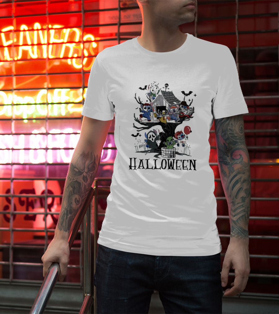 Halloween Stitch Horror Movie Characters Treehouse Scene T-Shirt
