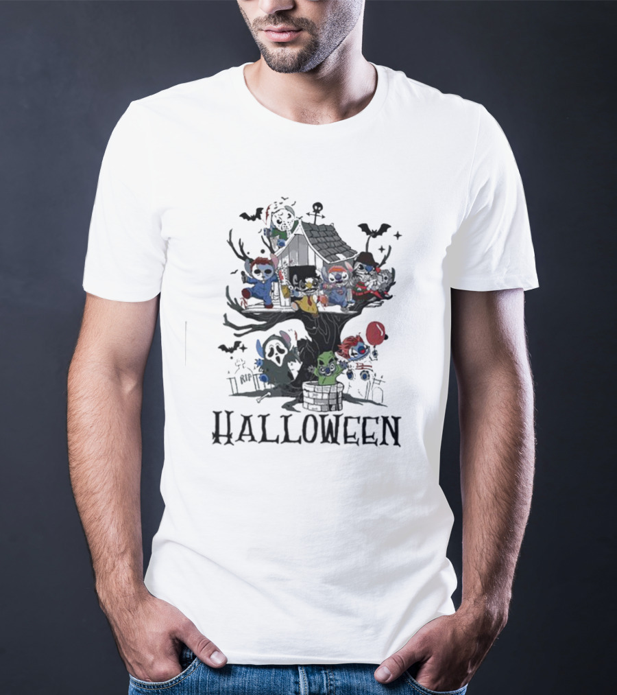 Halloween Stitch Horror Movie Characters Treehouse Scene T-Shirt