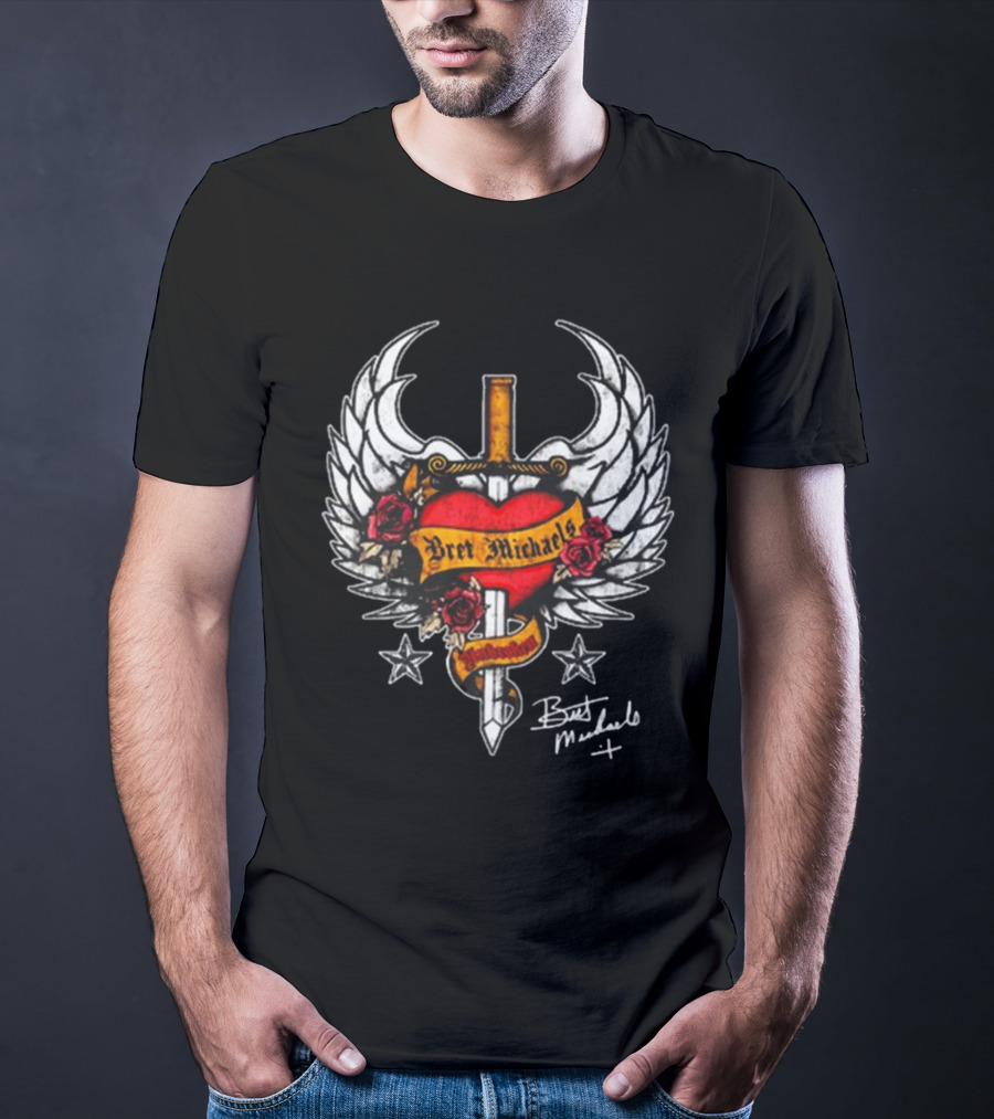 Bret Michaels Heart And Sword Winged Emblem With Roses And Stars T-Shirt