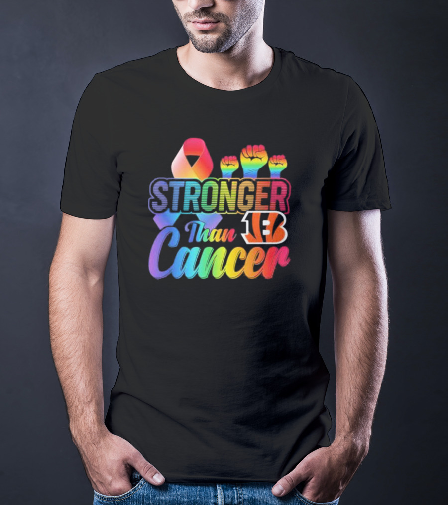 Stronger Than Cancer Cincinnati Bengals NFL Rainbow Ribbon And Fists T-Shirt