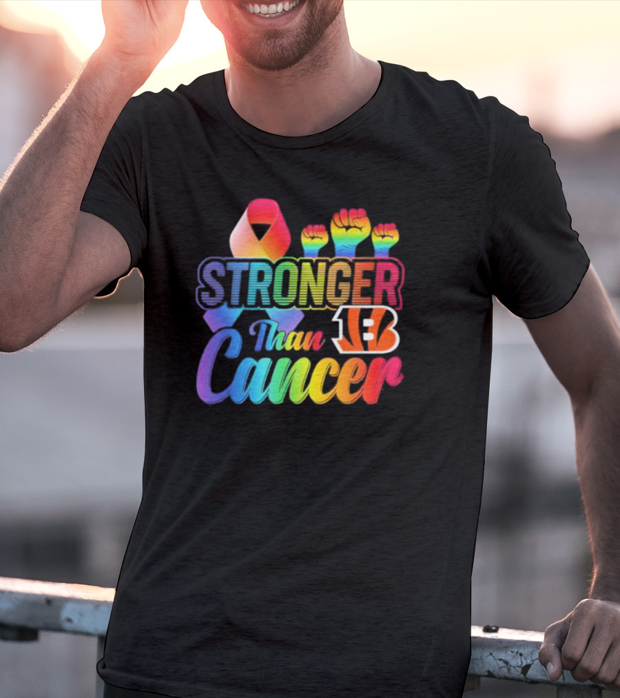 Stronger Than Cancer Cincinnati Bengals NFL Rainbow Ribbon And Fists T-Shirt