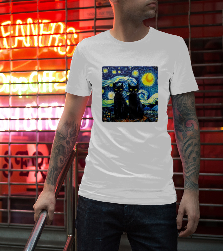 Black Cats Starry Night Vincent Van Gogh Painting Fusion T-Shirt