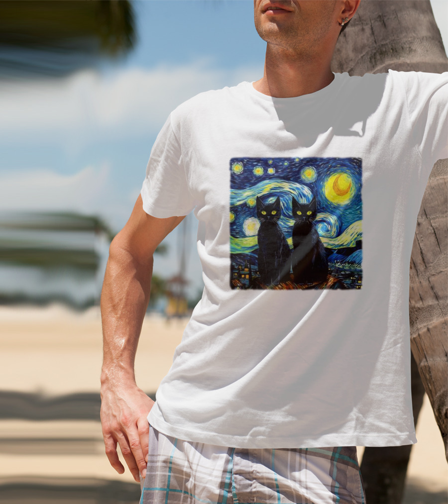Black Cats Starry Night Vincent Van Gogh Painting Fusion T-Shirt