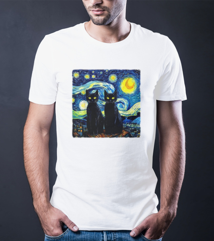 Black Cats Starry Night Vincent Van Gogh Painting Fusion T-Shirt