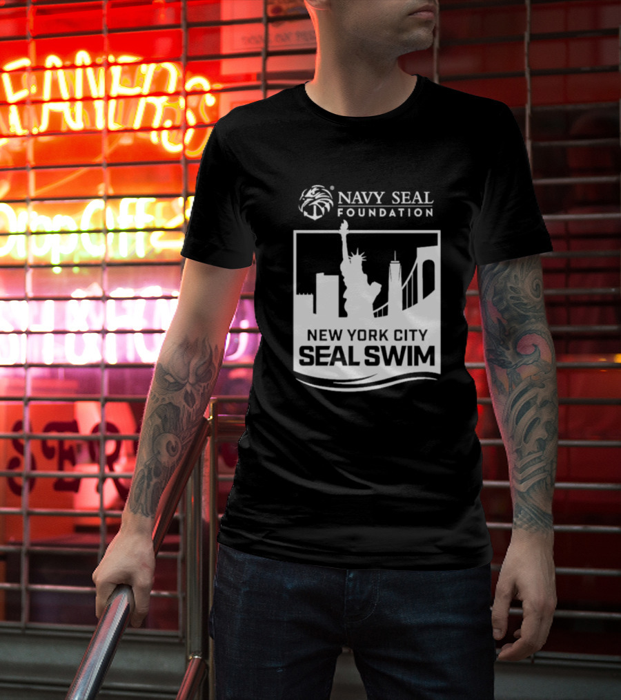 Navy Seal Foundation New York City Seal Swim Statue Liberty Skyline T-Shirt