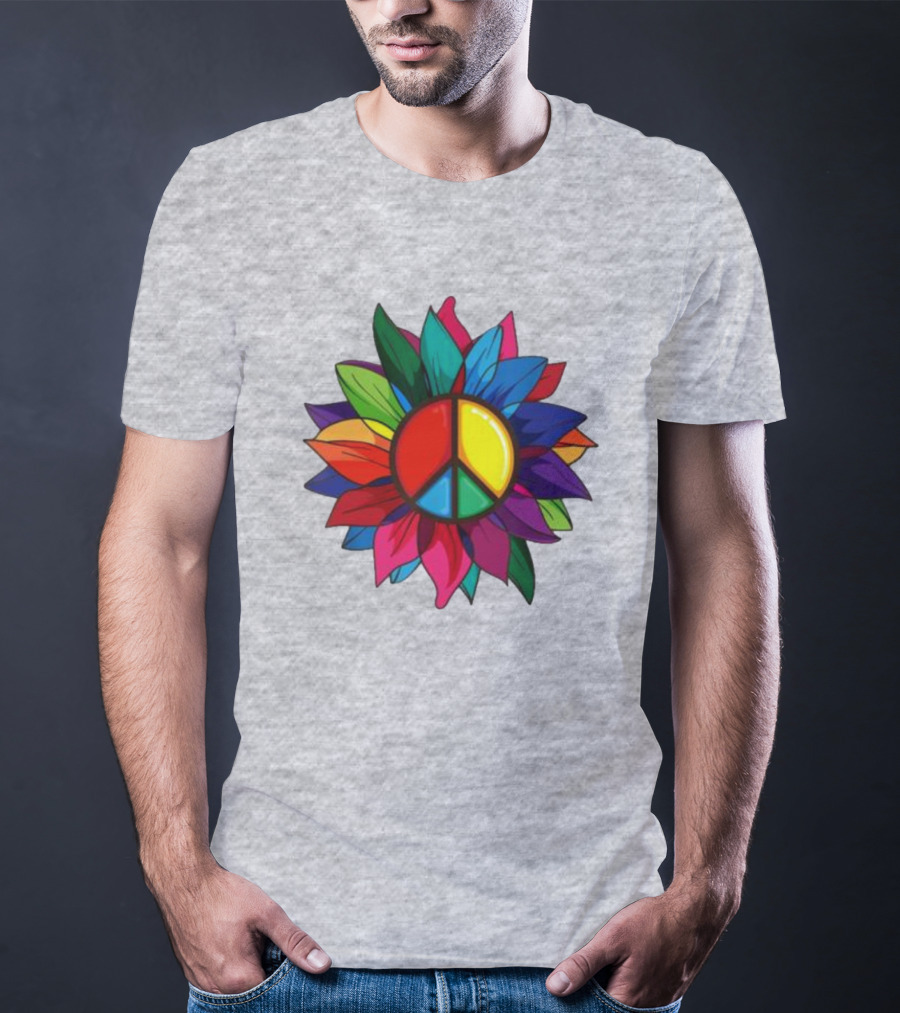 Hippie Rainbow Peace Sign Colorful Flower T-Shirt