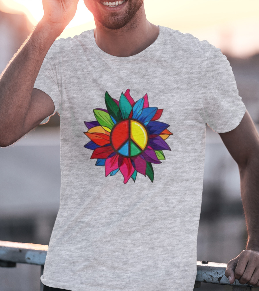 Hippie Rainbow Peace Sign Colorful Flower T-Shirt