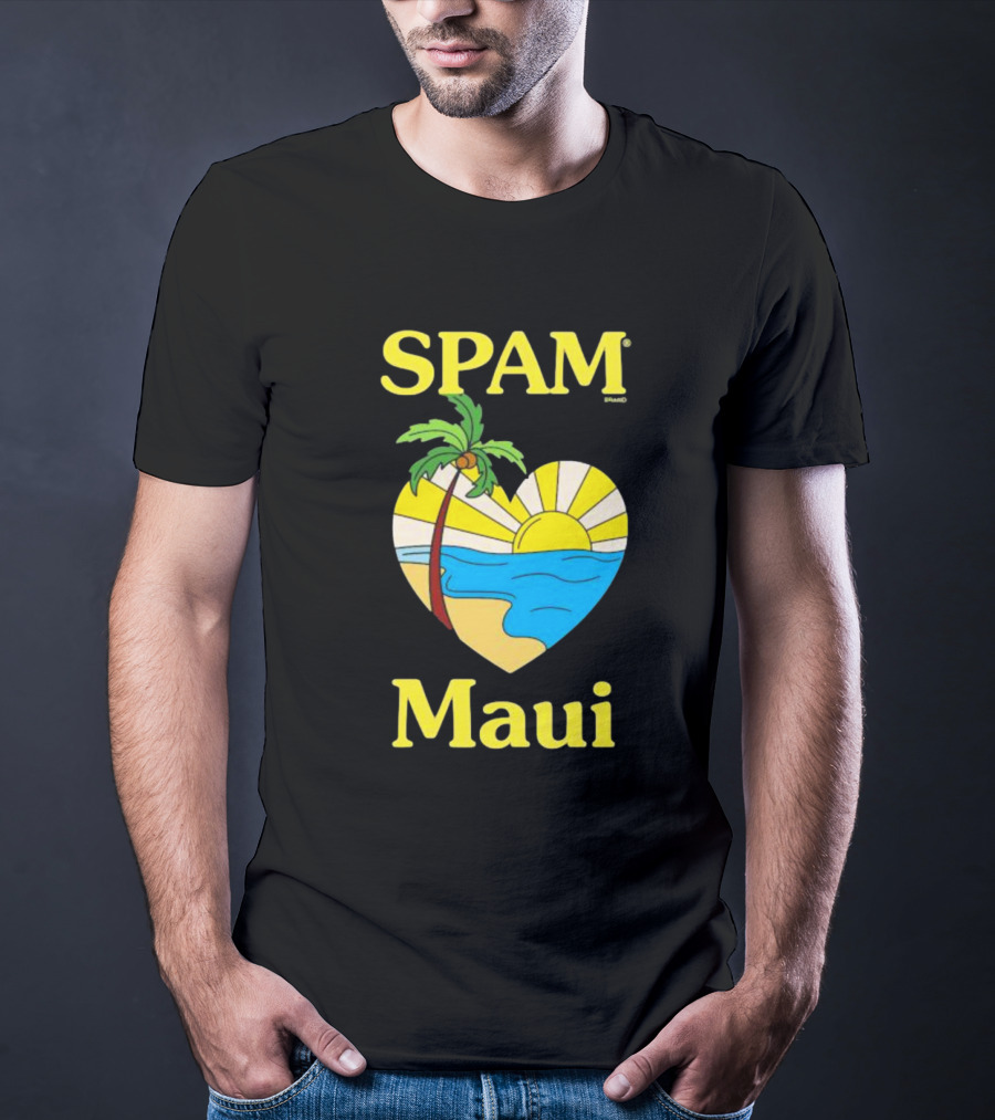 SPAM Brand Maui Heart Beach Sunset And Palm Tree T-Shirt