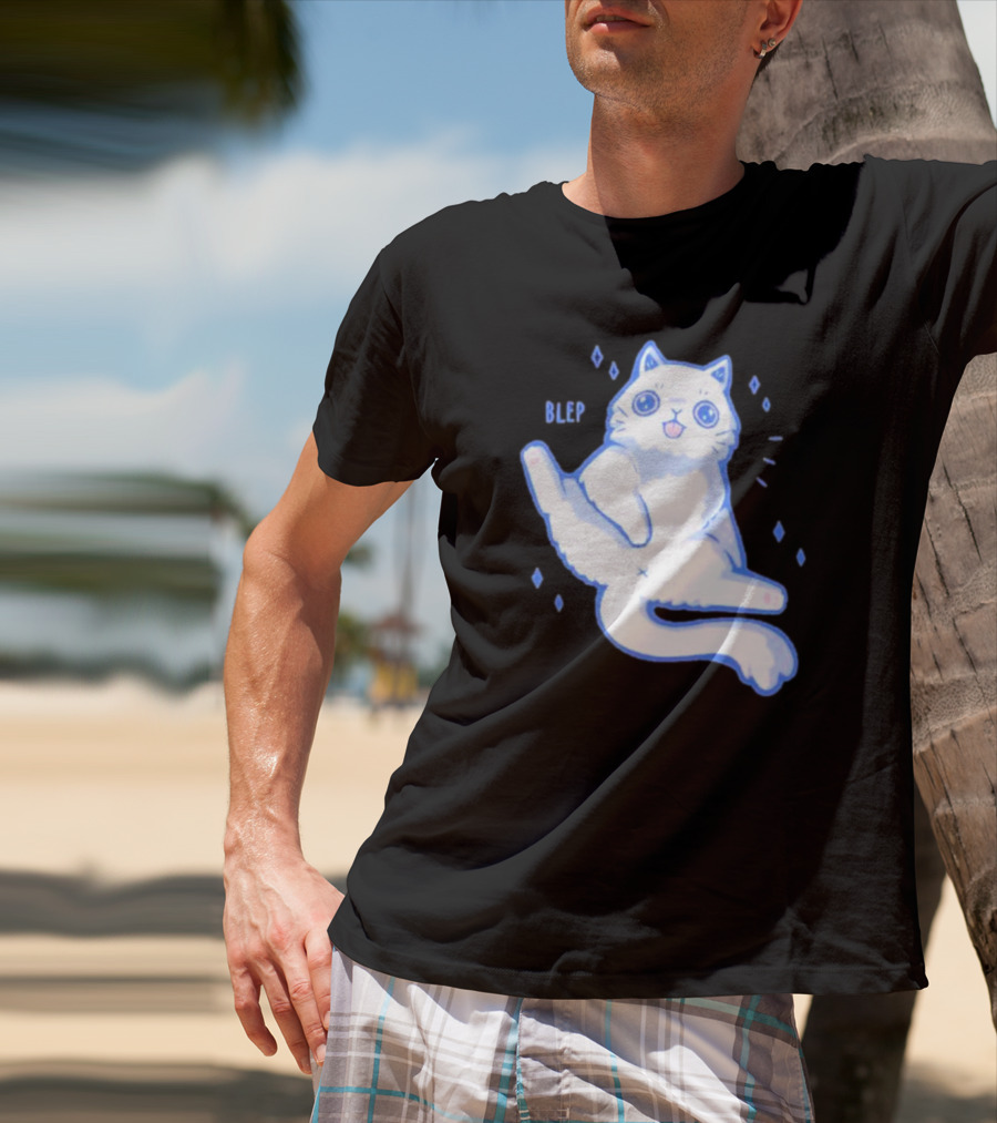 Xmorfina Blep Cute Cat With Tongue Out In Blue And White Cartoon T-Shirt