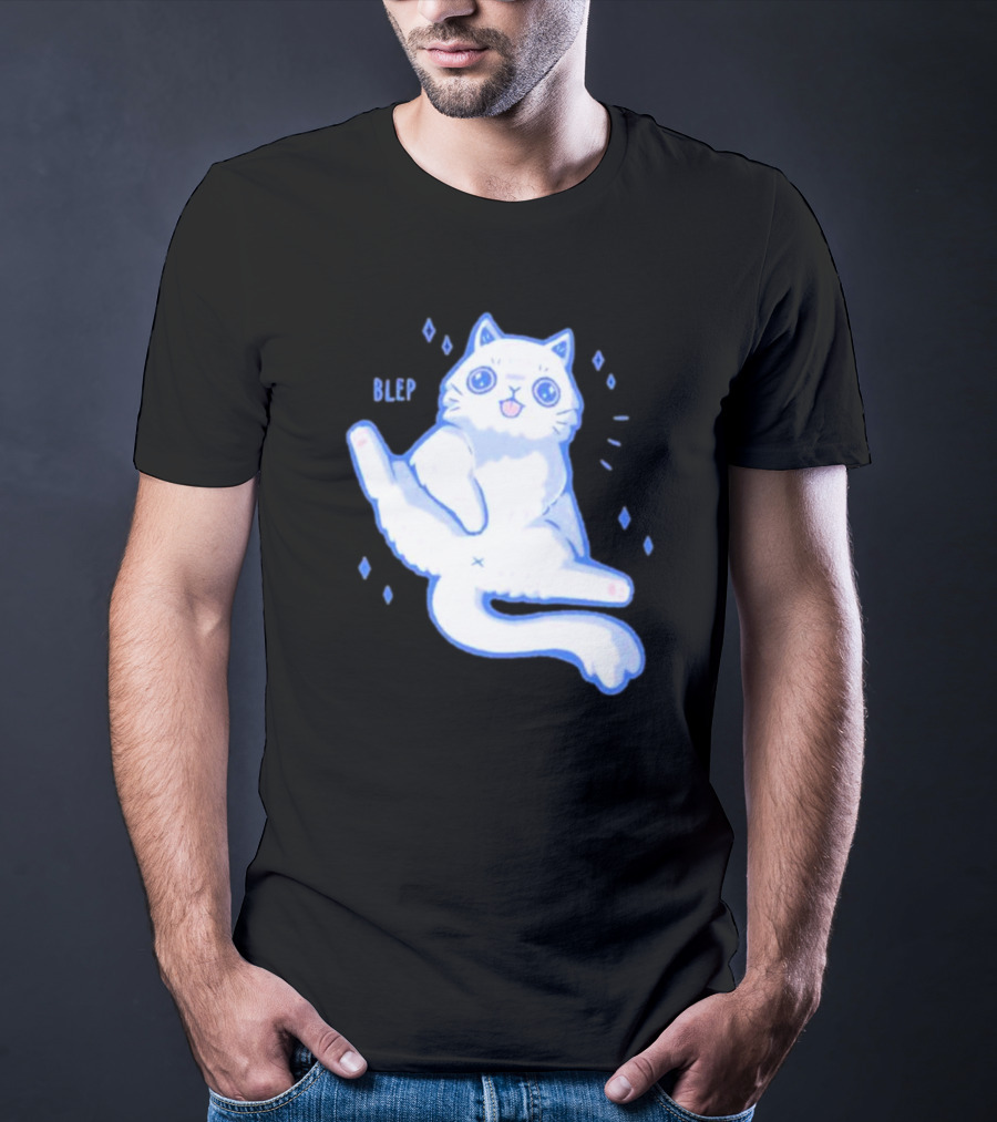 Xmorfina Blep Cute Cat With Tongue Out In Blue And White Cartoon T-Shirt