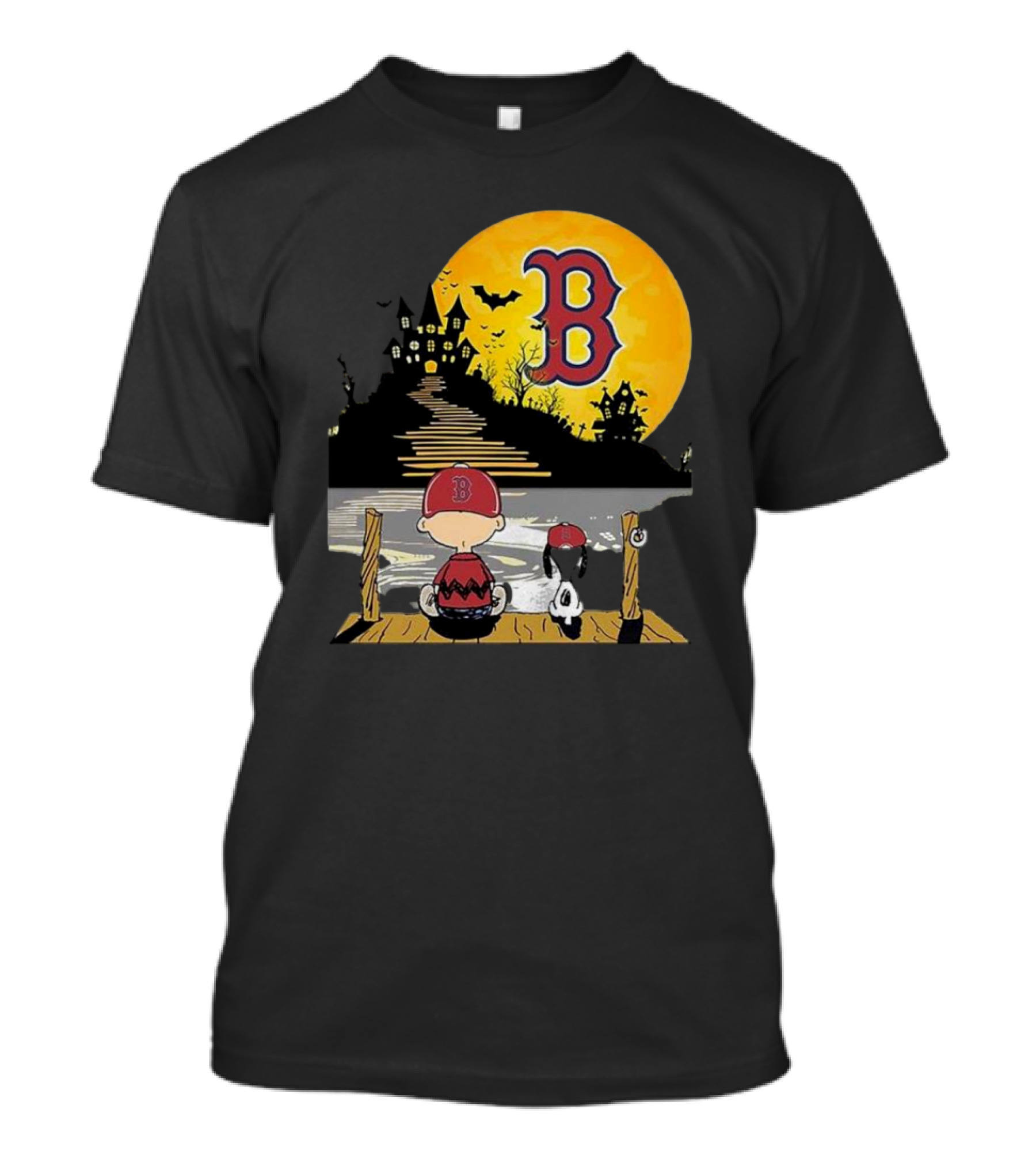 Snoopy And Charlie Brown Boston Red Sox Halloween Moon Scene T-Shirt