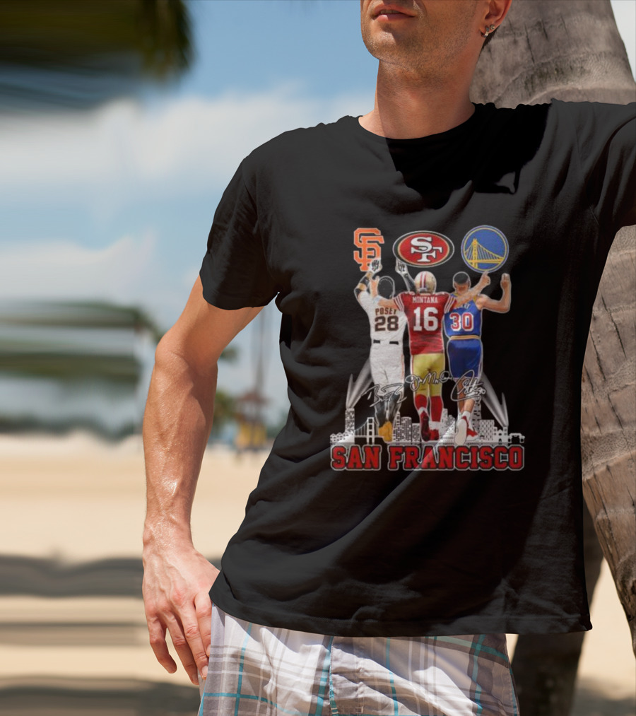 San Francisco Giants 49ers Warriors Buster Posey Joe Montana Stephen Curry Signatures T-Shirt