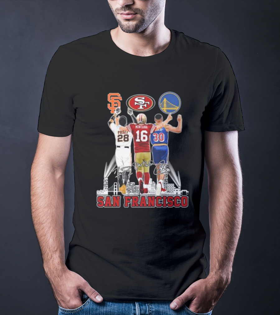 San Francisco Giants 49ers Warriors Buster Posey Joe Montana Stephen Curry Signatures T-Shirt