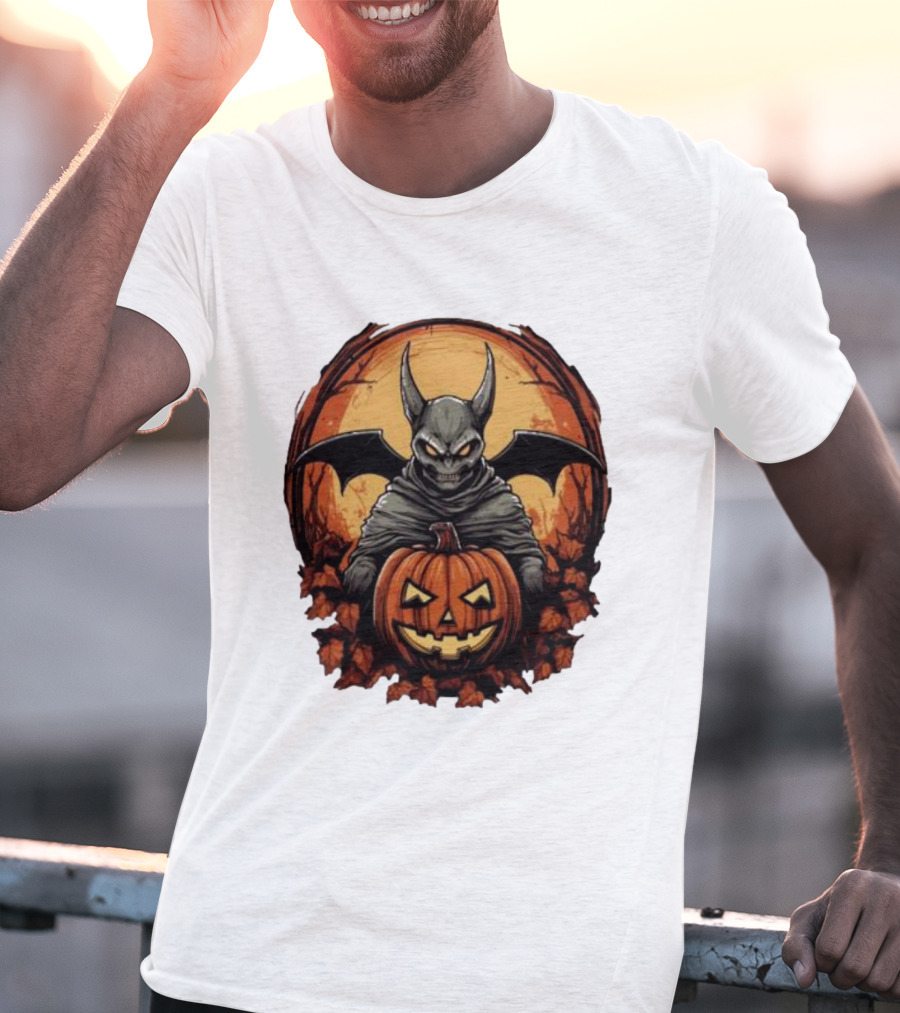Bat Devil Pumpkin Halloween Moon Shadows T-Shirt