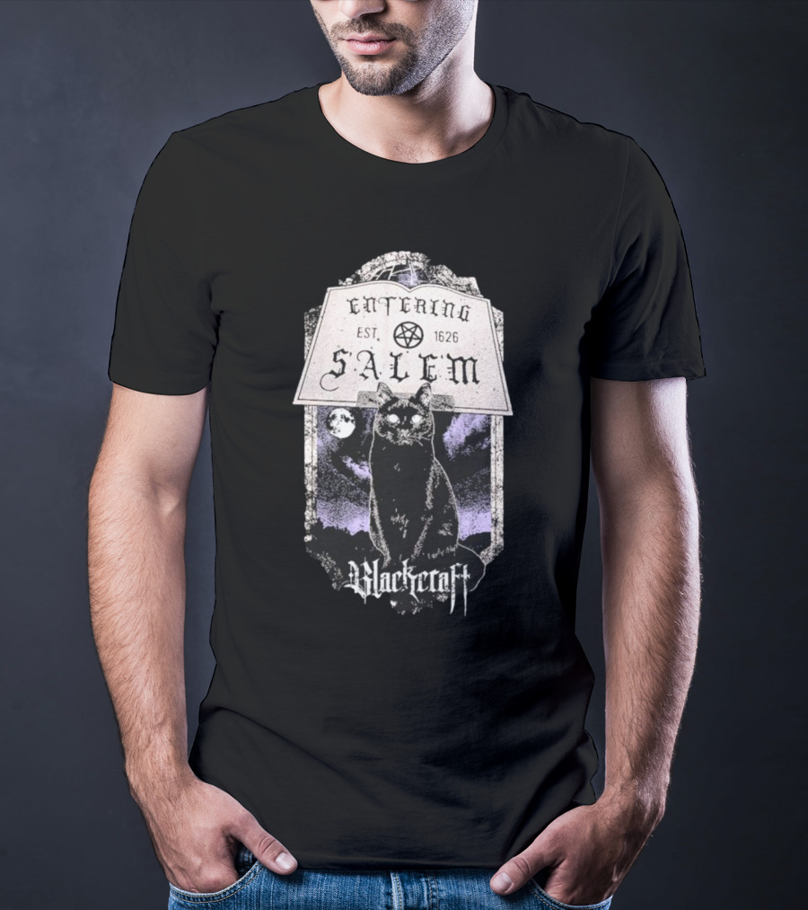 Blackcraft Cult Entering Salem Est. 1626 Black Cat And Crescent Moon Scene T-Shirt