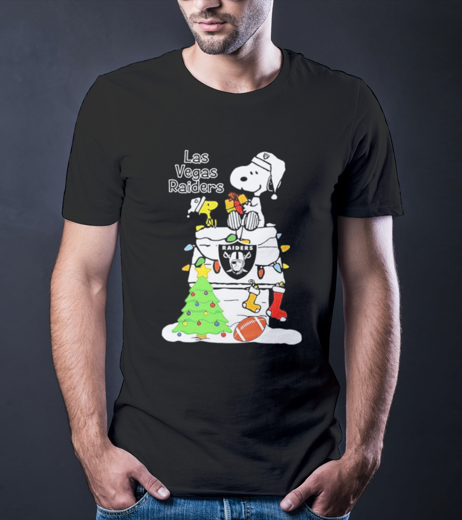 Las Vegas Raiders NFL Christmas Snoopy And Woodstock With Tree And Football T-Shirt