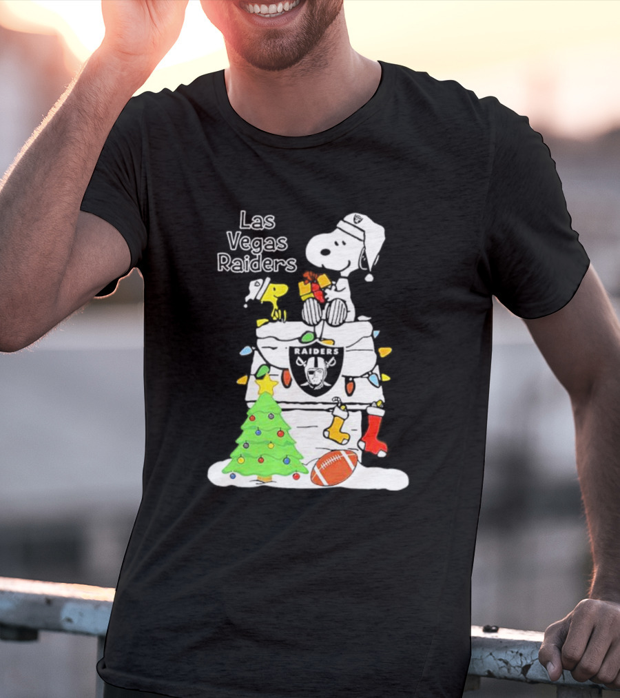 Las Vegas Raiders NFL Christmas Snoopy And Woodstock With Tree And Football T-Shirt