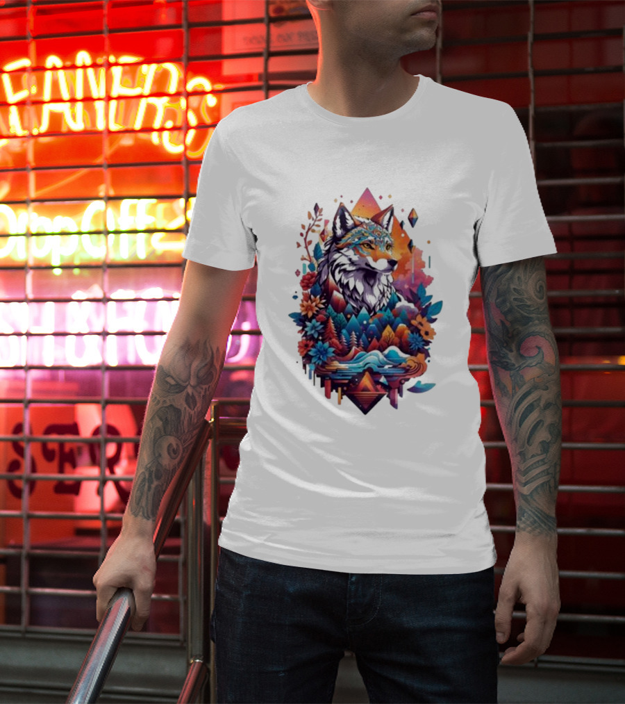 Colorful Geometric Wolf With Mountains And Flowers T-Shirt