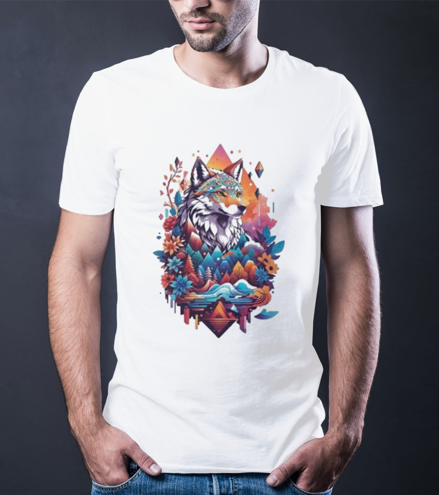 Colorful Geometric Wolf With Mountains And Flowers T-Shirt