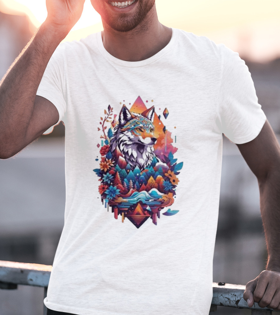 Colorful Geometric Wolf With Mountains And Flowers T-Shirt