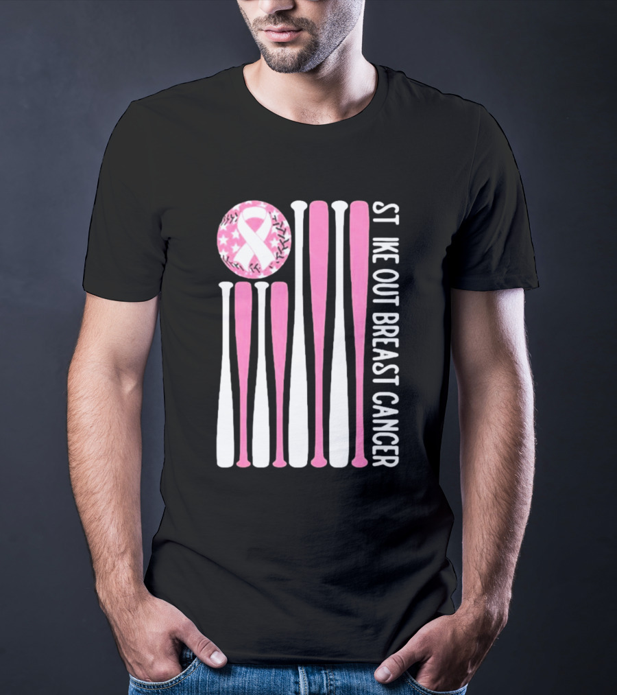Strike Out Breast Cancer Baseball Pink Ribbon American Flag T-Shirt