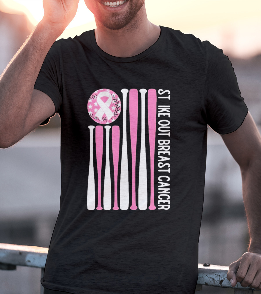 Strike Out Breast Cancer Baseball Pink Ribbon American Flag T-Shirt