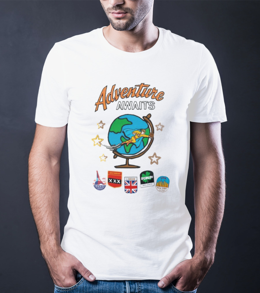 Adventure Awaits One Cent Travel Club Globe Paris Amsterdam London USA Icons T-Shirt
