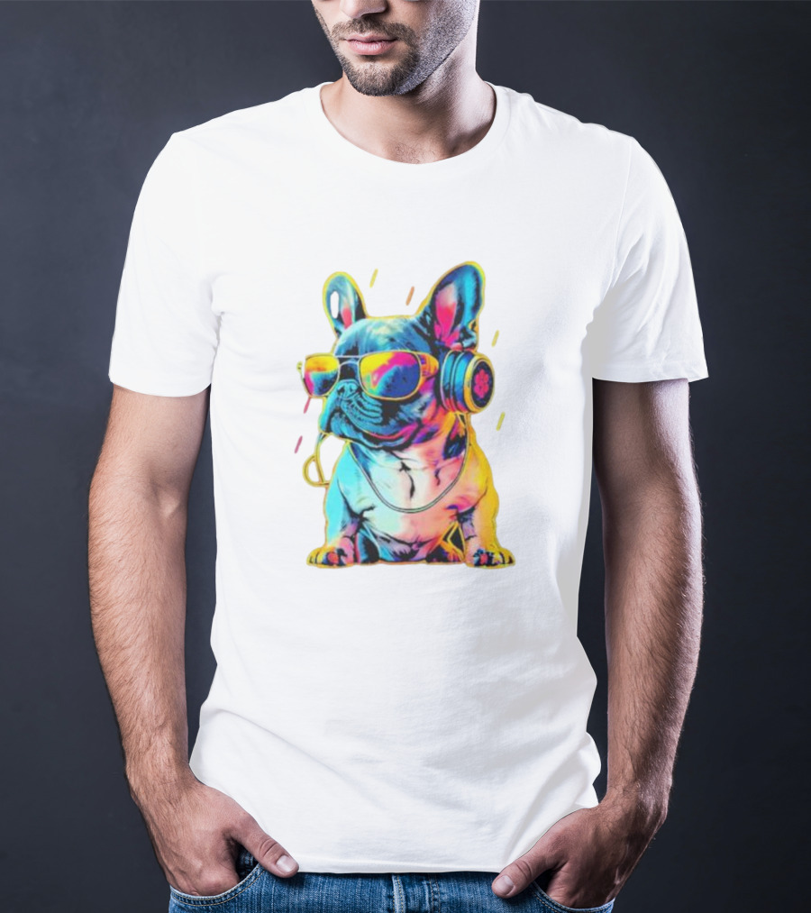 Bulldog Neon Headphones Vibrant Colors T-Shirt