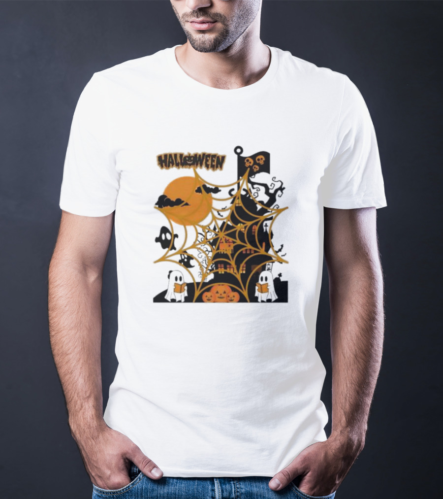 Halloween Spider Web Castle Moon Ghosts Pumpkins T-Shirt