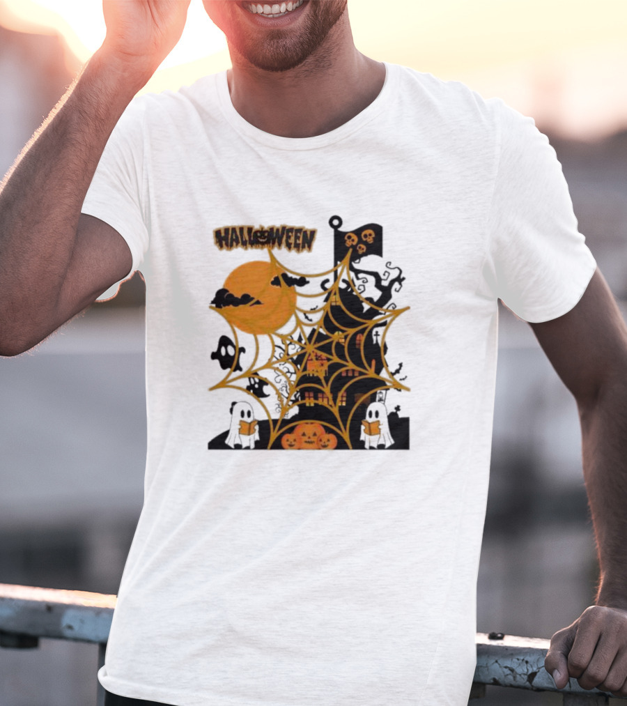 Halloween Spider Web Castle Moon Ghosts Pumpkins T-Shirt
